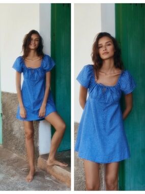 OPIA Beatriz Women’s XL Blue Mini Dress Milkmaid Cottagecore Romantic Sundress